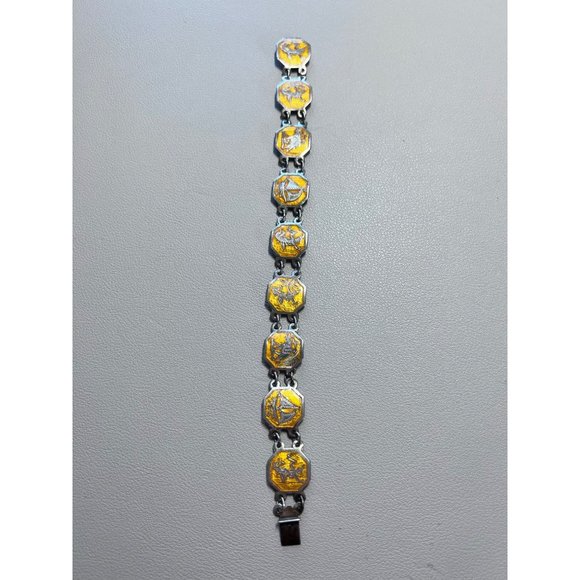 Vintage Sterling Silver Siam Niello Link Bracelet - Yellow Enamel, Thailand - Picture 1 of 16